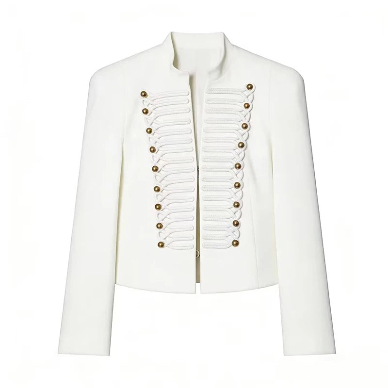 Elegant Women's Cropped Black Napoleon Jacket Shoulder Pads Stand Collar Full Sleeve Jackets 2026 Spring Lady Chic Commute Coat
