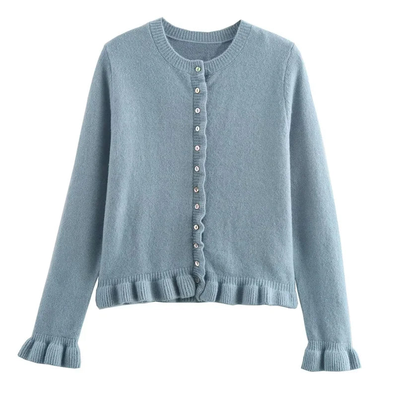 HXAO Sweater Cardigans Ruffle Long Sleeve Knitted Cardigan For Women Autumn Bolero Knitwears Button-Down Bluey Gray Cardigan