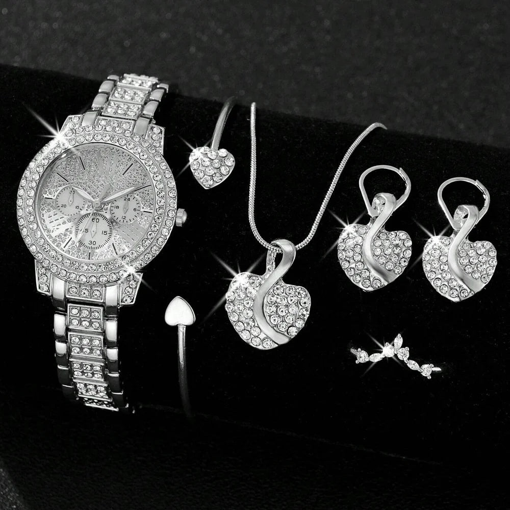 Women's Quartz Watch Gold Luxury Women Ring Necklace Earring Rhinestone Fashion Wristwatch Casual Ladies Watches Jewelry Set 