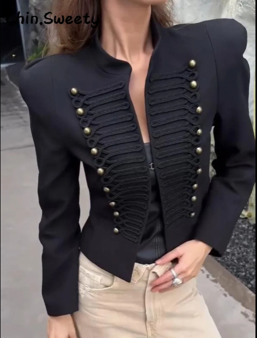 Elegant Women's Cropped Black Napoleon Jacket Shoulder Pads Stand Collar Full Sleeve Jackets 2026 Spring Lady Chic Commute Coat