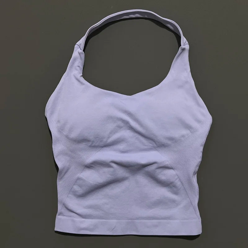 HISTELLO Impacts Halter Top Seamless Longline Strappy Gym Top Women Built-in Bra Removable Cups Activewear Yoga Tank Tops