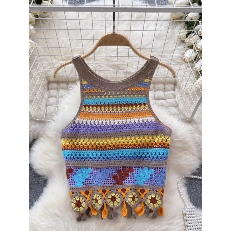 Bohemian Tank Tops Women Knitted Retro Crochet Design Colorful Short Vacation Strap Vest 2024 New Neck Hanging Outwear Tanks