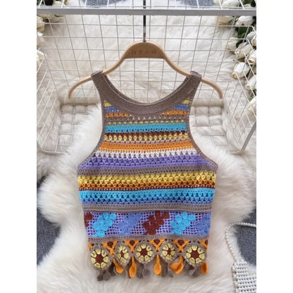 Bohemian Tank Tops Women Knitted Retro Crochet Design Colorful Short Vacation Strap Vest 2024 New Neck Hanging Outwear Tanks