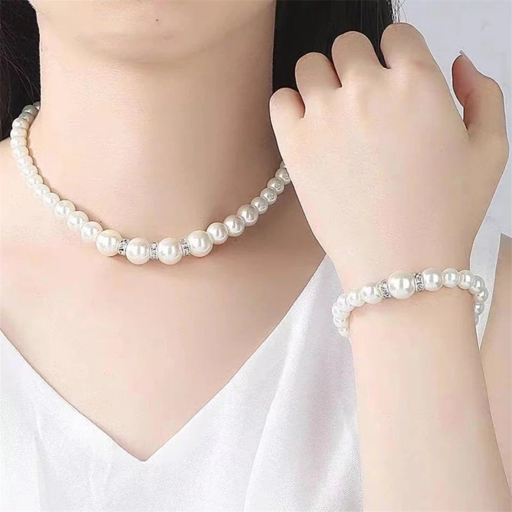 Pearl jewelry set Women's necklace earrings bracelet three-piece set for mother gift beautiful wedding photo accessories