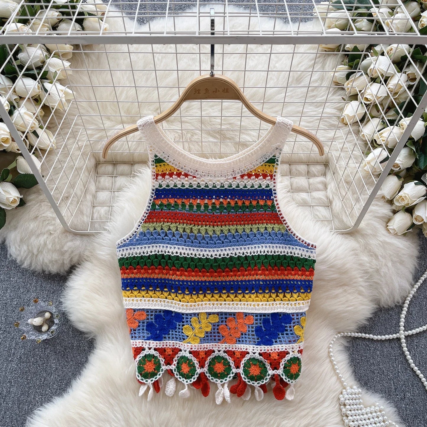 Bohemian Tank Tops Women Knitted Retro Crochet Design Colorful Short Vacation Strap Vest 2024 New Neck Hanging Outwear Tanks