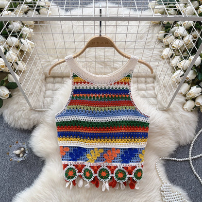 Bohemian Tank Tops Women Knitted Retro Crochet Design Colorful Short Vacation Strap Vest 2024 New Neck Hanging Outwear Tanks