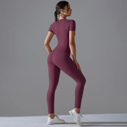 Yoga Set Women Workout Set Sportswear Gym Clothing Fitness Shorts Sleeve Crop Top High Waist Leggings Sports Suits