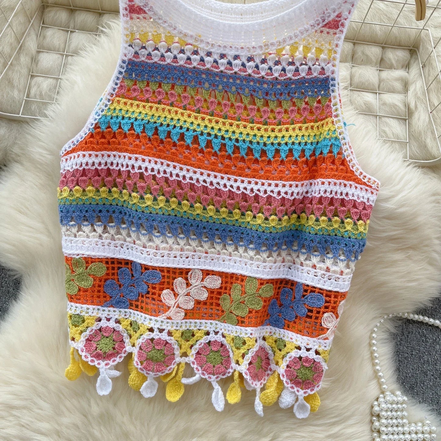 Bohemian Tank Tops Women Knitted Retro Crochet Design Colorful Short Vacation Strap Vest 2024 New Neck Hanging Outwear Tanks