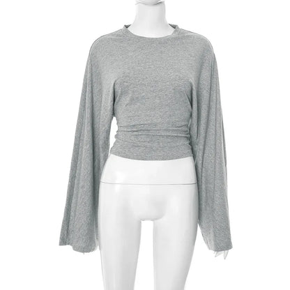 Women's Long Sleeve O-Neck Skinny T-Shirt Monochromatic Crop Top Casual Y2K Streetwear Fashion Pullover Summer Outfit