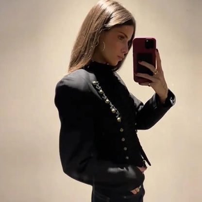 Elegant Women's Cropped Black Napoleon Jacket Shoulder Pads Stand Collar Full Sleeve Jackets 2026 Spring Lady Chic Commute Coat