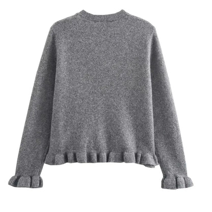 HXAO Sweater Cardigans Ruffle Long Sleeve Knitted Cardigan For Women Autumn Bolero Knitwears Button-Down Bluey Gray Cardigan