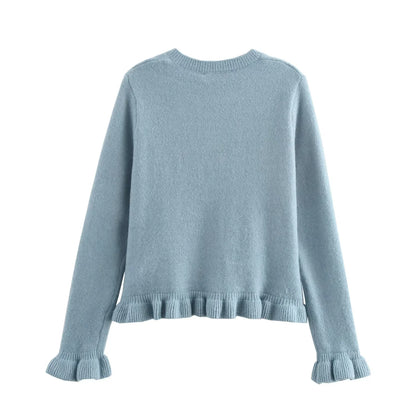 HXAO Sweater Cardigans Ruffle Long Sleeve Knitted Cardigan For Women Autumn Bolero Knitwears Button-Down Bluey Gray Cardigan