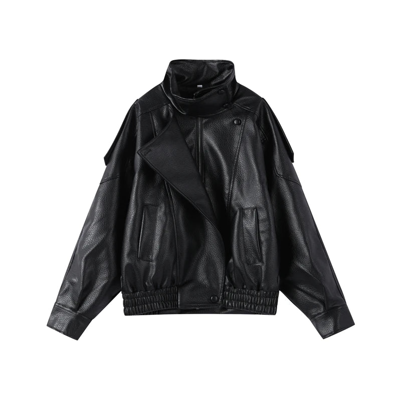 2026 Spring Women's Faux Leather Jacket Brown Black Long Sleeve Stand Collar Thick Loose Lady Coat Fashion Motorcycle Streetwear