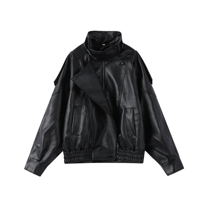 2026 Spring Women's Faux Leather Jacket Brown Black Long Sleeve Stand Collar Thick Loose Lady Coat Fashion Motorcycle Streetwear