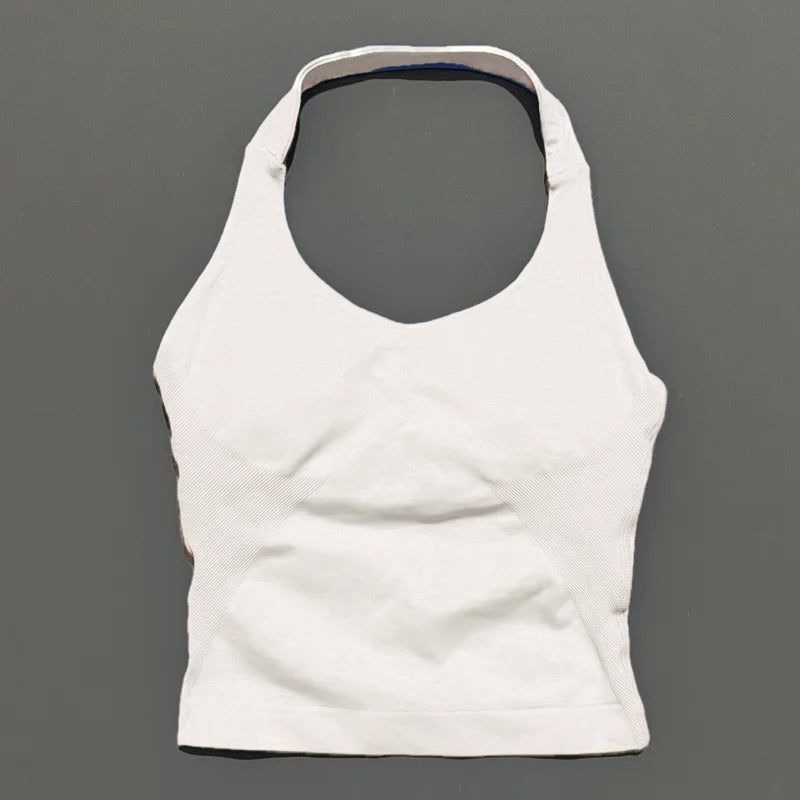 HISTELLO Impacts Halter Top Seamless Longline Strappy Gym Top Women Built-in Bra Removable Cups Activewear Yoga Tank Tops