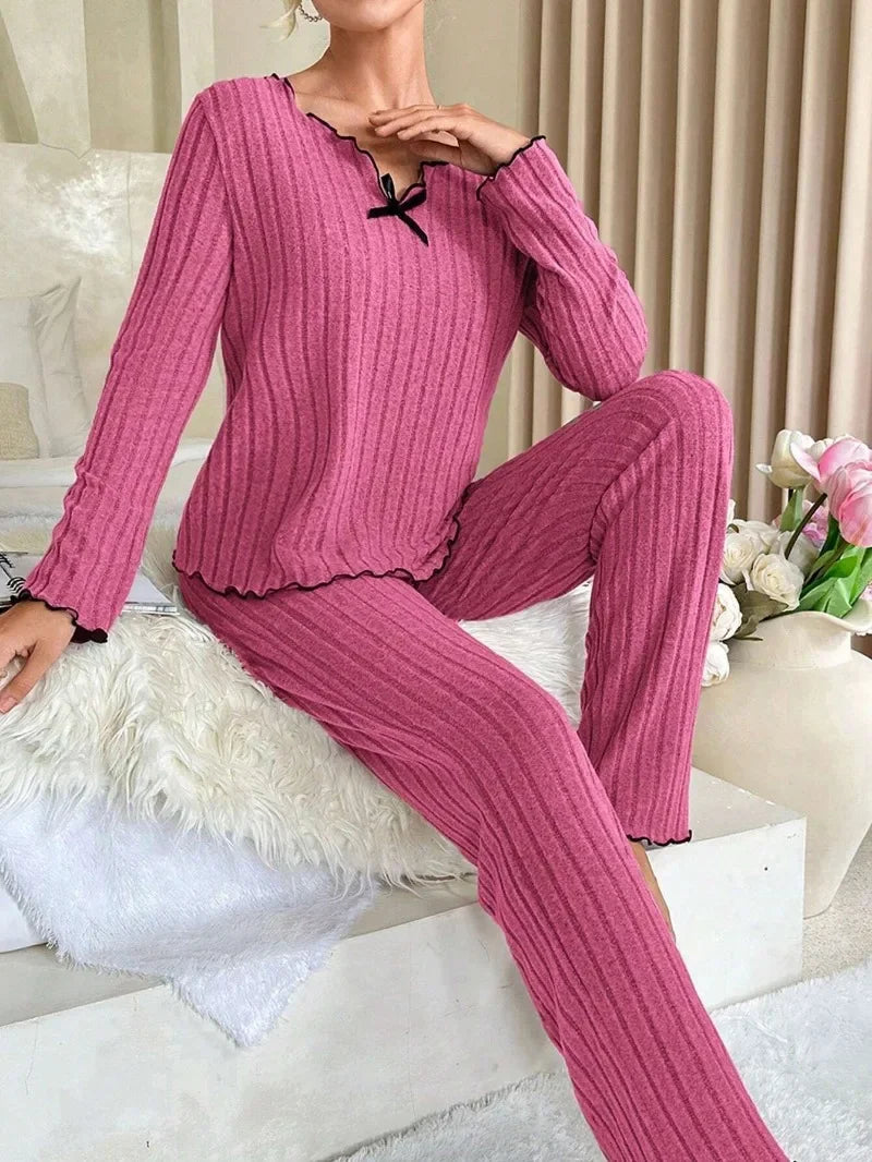 Flannel Warm Sleepwear Women Casual Pajamas Set Long Sleeve T-shirt Top and Trousers Set Homewear Autumn Winter Loungewear