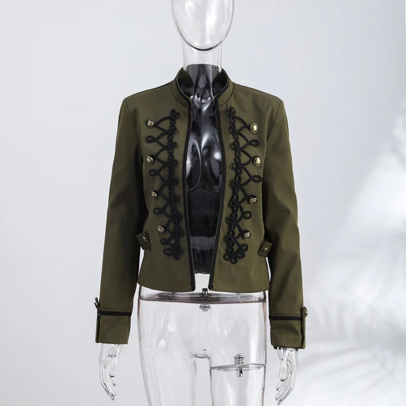 Elegant Women's Cropped Black Napoleon Jacket Shoulder Pads Stand Collar Full Sleeve Jackets 2026 Spring Lady Chic Commute Coat