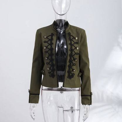 Elegant Women's Cropped Black Napoleon Jacket Shoulder Pads Stand Collar Full Sleeve Jackets 2026 Spring Lady Chic Commute Coat