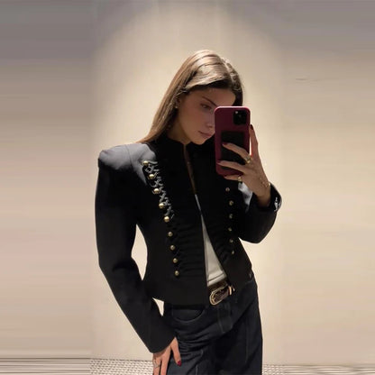 Elegant Women's Cropped Black Napoleon Jacket Shoulder Pads Stand Collar Full Sleeve Jackets 2026 Spring Lady Chic Commute Coat