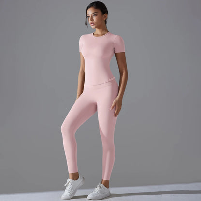 Yoga Set Women Workout Set Sportswear Gym Clothing Fitness Shorts Sleeve Crop Top High Waist Leggings Sports Suits