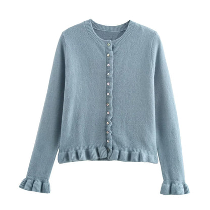 HXAO Sweater Cardigans Ruffle Long Sleeve Knitted Cardigan For Women Autumn Bolero Knitwears Button-Down Bluey Gray Cardigan