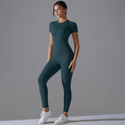 Yoga Set Women Workout Set Sportswear Gym Clothing Fitness Shorts Sleeve Crop Top High Waist Leggings Sports Suits