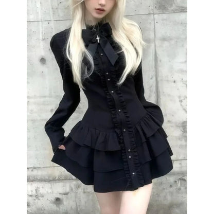 Japanese Y2 Aesthetics Vintage Bow Dress Shorts Set Women Gothic Lolita Style Long Sleeve Shirt Dress Elegant Party Dress Suits