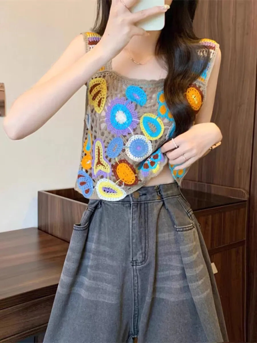 Bohemian Tank Tops Women Knitted Retro Crochet Design Colorful Short Vacation Strap Vest 2024 New Neck Hanging Outwear Tanks