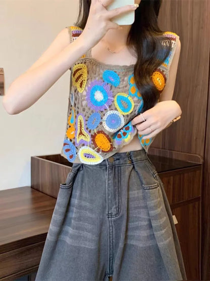 Bohemian Tank Tops Women Knitted Retro Crochet Design Colorful Short Vacation Strap Vest 2024 New Neck Hanging Outwear Tanks