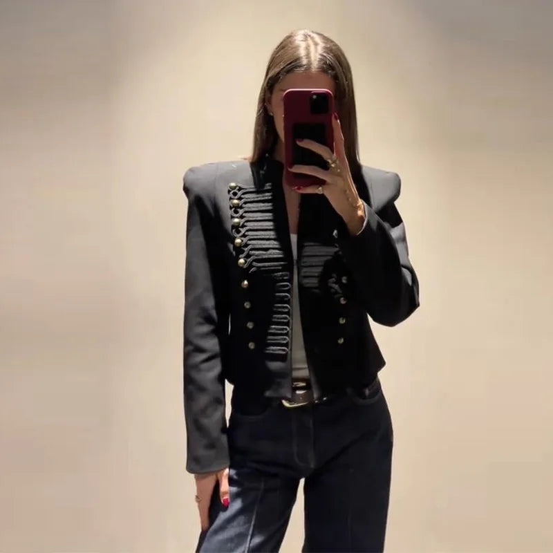 Elegant Women's Cropped Black Napoleon Jacket Shoulder Pads Stand Collar Full Sleeve Jackets 2026 Spring Lady Chic Commute Coat