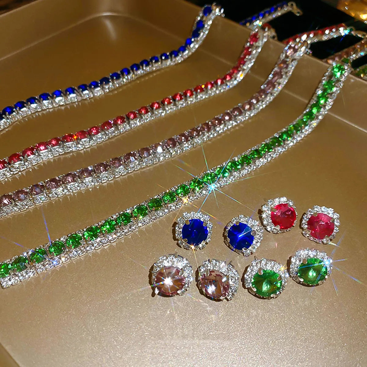 FYUAN Luxury Crystal Necklace Earrings Green Rose pink Blue Necklace for Women Weddings Party Jewelry Sets Accessories