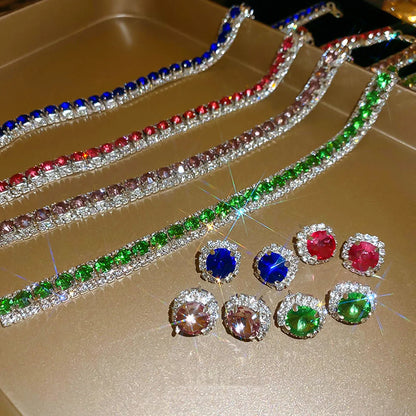 FYUAN Luxury Crystal Necklace Earrings Green Rose pink Blue Necklace for Women Weddings Party Jewelry Sets Accessories