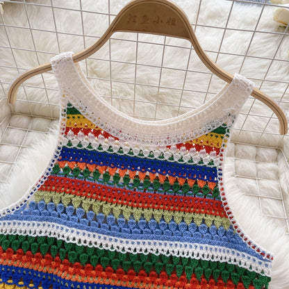 Bohemian Tank Tops Women Knitted Retro Crochet Design Colorful Short Vacation Strap Vest 2024 New Neck Hanging Outwear Tanks