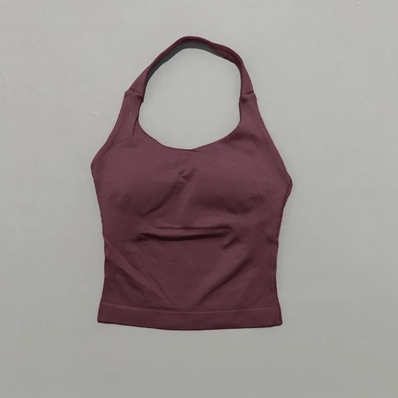 HISTELLO Impacts Halter Top Seamless Longline Strappy Gym Top Women Built-in Bra Removable Cups Activewear Yoga Tank Tops