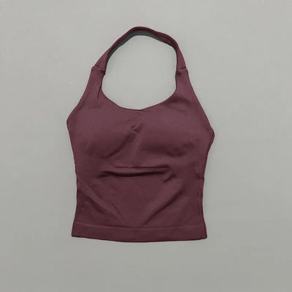 HISTELLO Impacts Halter Top Seamless Longline Strappy Gym Top Women Built-in Bra Removable Cups Activewear Yoga Tank Tops