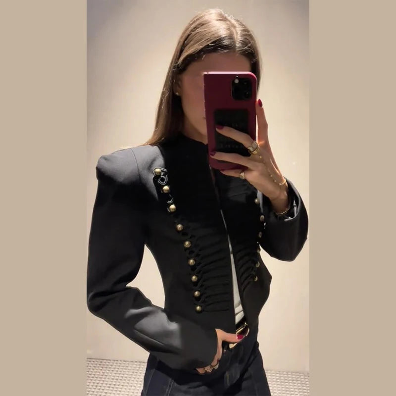 Elegant Women's Cropped Black Napoleon Jacket Shoulder Pads Stand Collar Full Sleeve Jackets 2026 Spring Lady Chic Commute Coat