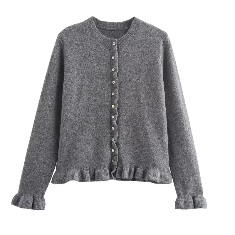 HXAO Sweater Cardigans Ruffle Long Sleeve Knitted Cardigan For Women Autumn Bolero Knitwears Button-Down Bluey Gray Cardigan