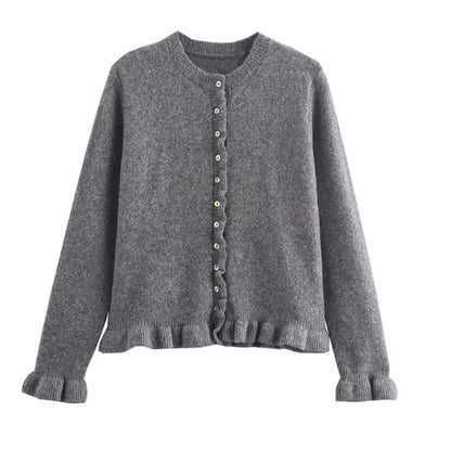 HXAO Sweater Cardigans Ruffle Long Sleeve Knitted Cardigan For Women Autumn Bolero Knitwears Button-Down Bluey Gray Cardigan