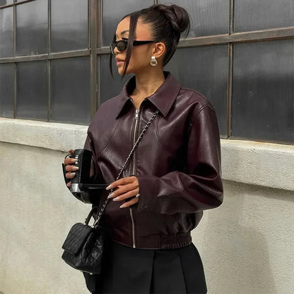 Vintage Wine Red Loose Short Leather Jacket Women Fashion Lapel Long Sleeves Zipper Cropped Coat 2025 Autumn Lady Street Outwear