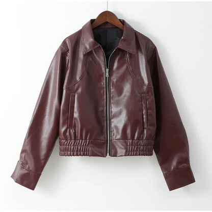 Vintage Wine Red Loose Short Leather Jacket Women Fashion Lapel Long Sleeves Zipper Cropped Coat 2025 Autumn Lady Street Outwear