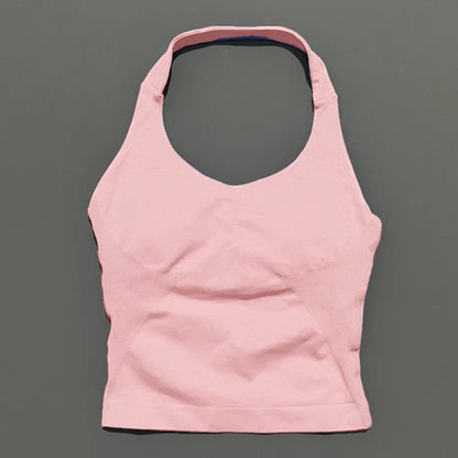 HISTELLO Impacts Halter Top Seamless Longline Strappy Gym Top Women Built-in Bra Removable Cups Activewear Yoga Tank Tops