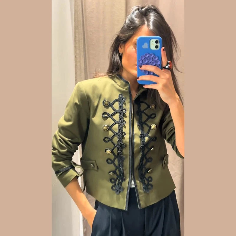 Elegant Women's Cropped Black Napoleon Jacket Shoulder Pads Stand Collar Full Sleeve Jackets 2026 Spring Lady Chic Commute Coat