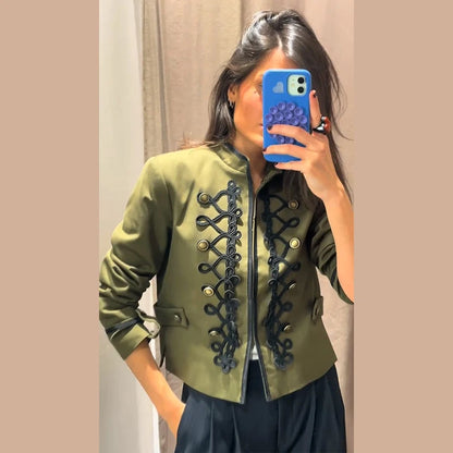 Elegant Women's Cropped Black Napoleon Jacket Shoulder Pads Stand Collar Full Sleeve Jackets 2026 Spring Lady Chic Commute Coat