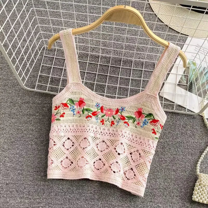 Bohemian Tank Tops Women Knitted Retro Crochet Design Colorful Short Vacation Strap Vest 2024 New Neck Hanging Outwear Tanks