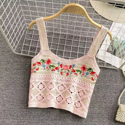 Bohemian Tank Tops Women Knitted Retro Crochet Design Colorful Short Vacation Strap Vest 2024 New Neck Hanging Outwear Tanks