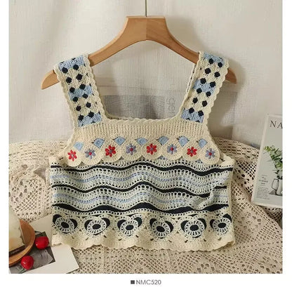 Bohemian Tank Tops Women Knitted Retro Crochet Design Colorful Short Vacation Strap Vest 2024 New Neck Hanging Outwear Tanks