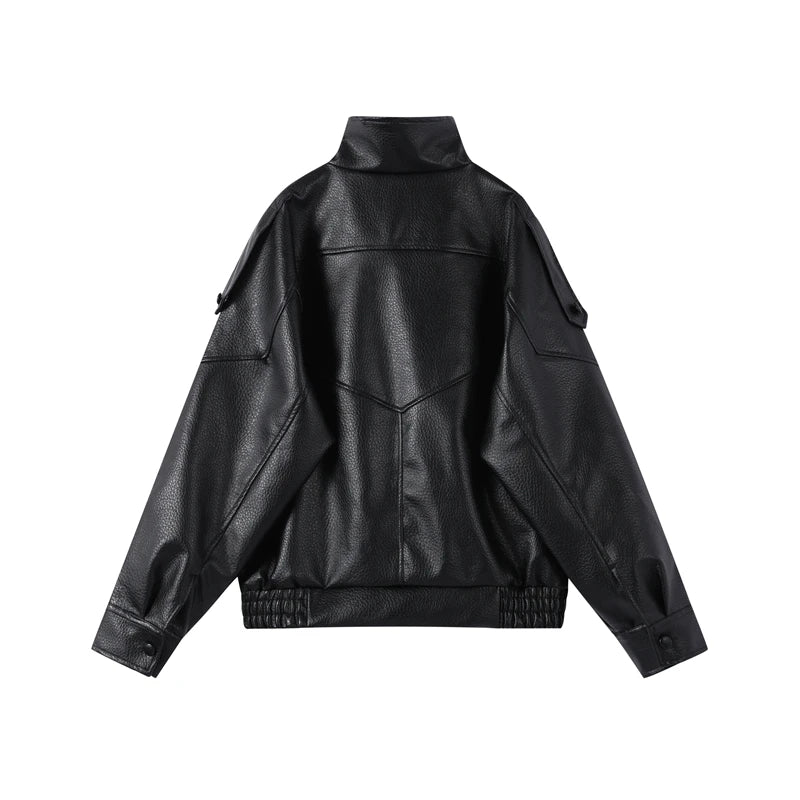 2026 Spring Women's Faux Leather Jacket Brown Black Long Sleeve Stand Collar Thick Loose Lady Coat Fashion Motorcycle Streetwear