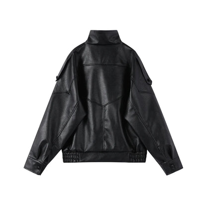 2026 Spring Women's Faux Leather Jacket Brown Black Long Sleeve Stand Collar Thick Loose Lady Coat Fashion Motorcycle Streetwear