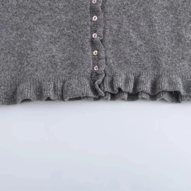 HXAO Sweater Cardigans Ruffle Long Sleeve Knitted Cardigan For Women Autumn Bolero Knitwears Button-Down Bluey Gray Cardigan