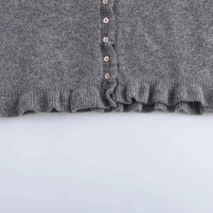 HXAO Sweater Cardigans Ruffle Long Sleeve Knitted Cardigan For Women Autumn Bolero Knitwears Button-Down Bluey Gray Cardigan
